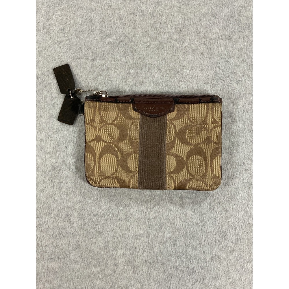 Coach Signature Jacquard Wristlet Khaki Brown Monogram Canvas Pouch Mini Bag